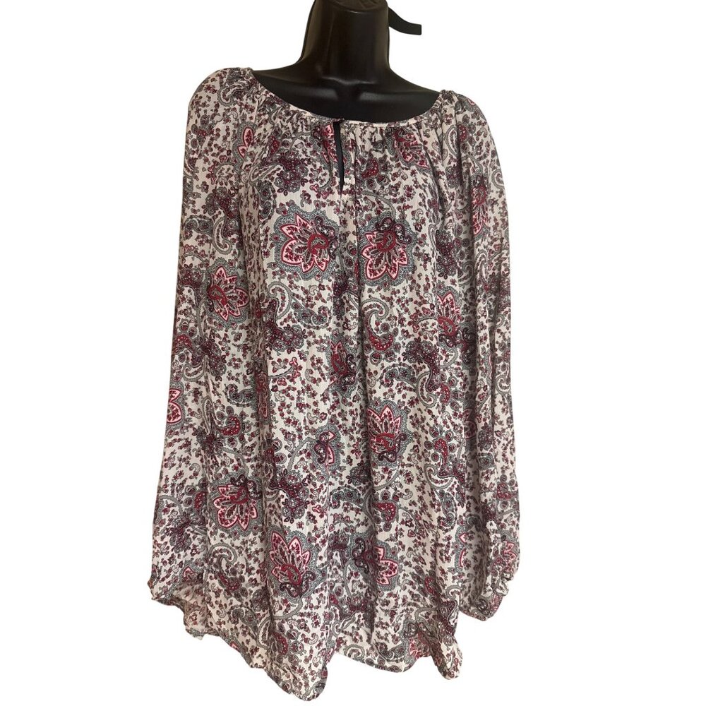 Chaps Womens 2X Paisley Boho Blouse With Long Sleeves & Scoop Neck White/Red